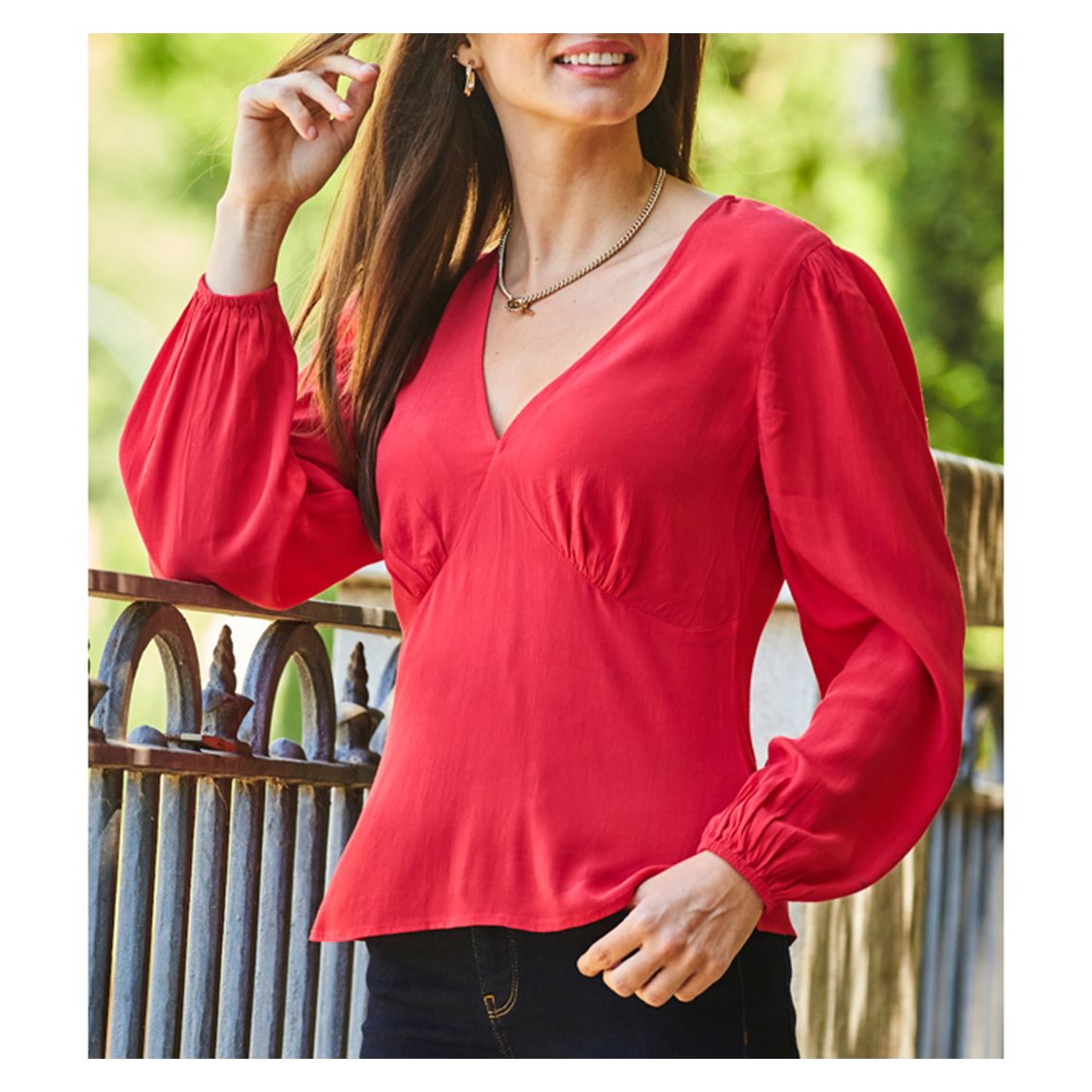 Red V Neck Ruched Shoulder Top main product photo