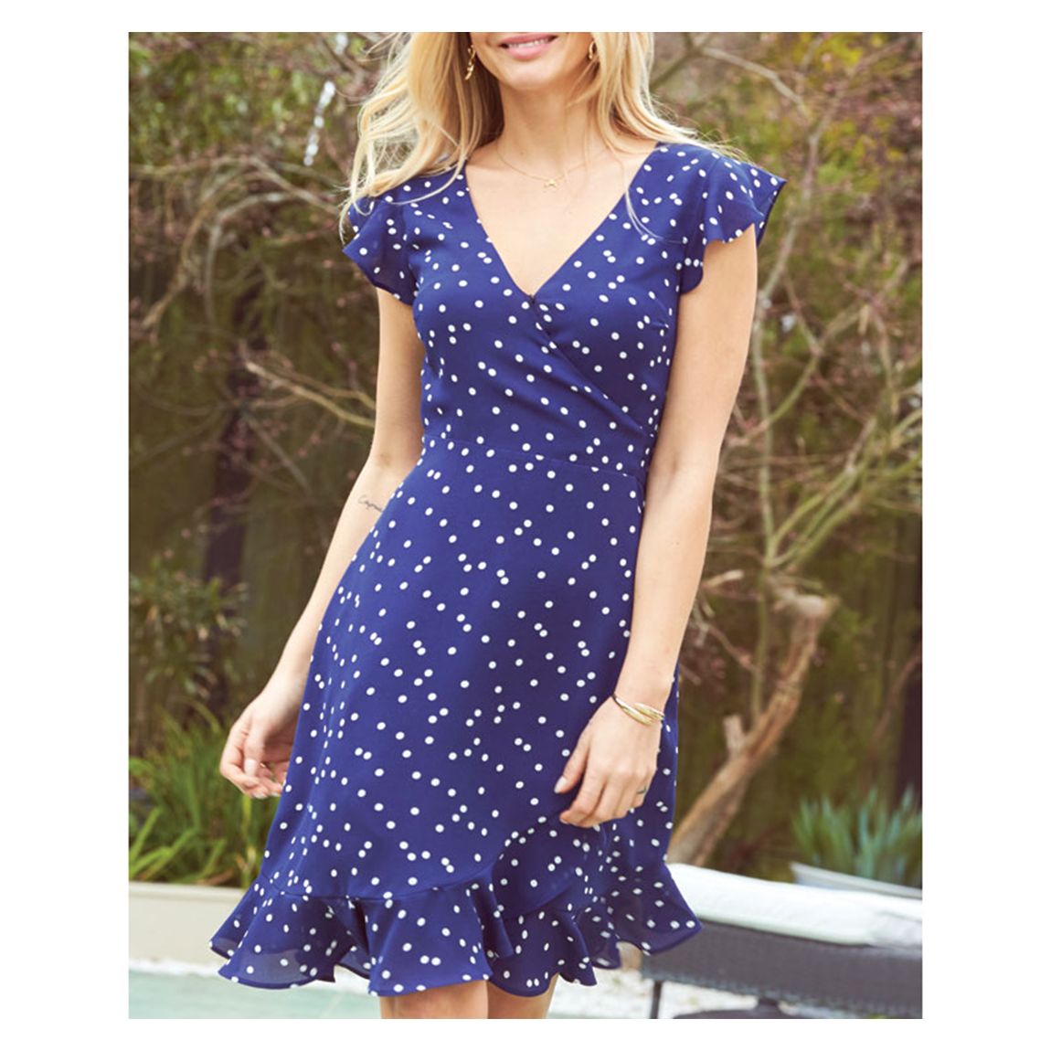 Navy Blue & White Spot Print Ruffle Hem Wrap Dress main product photo