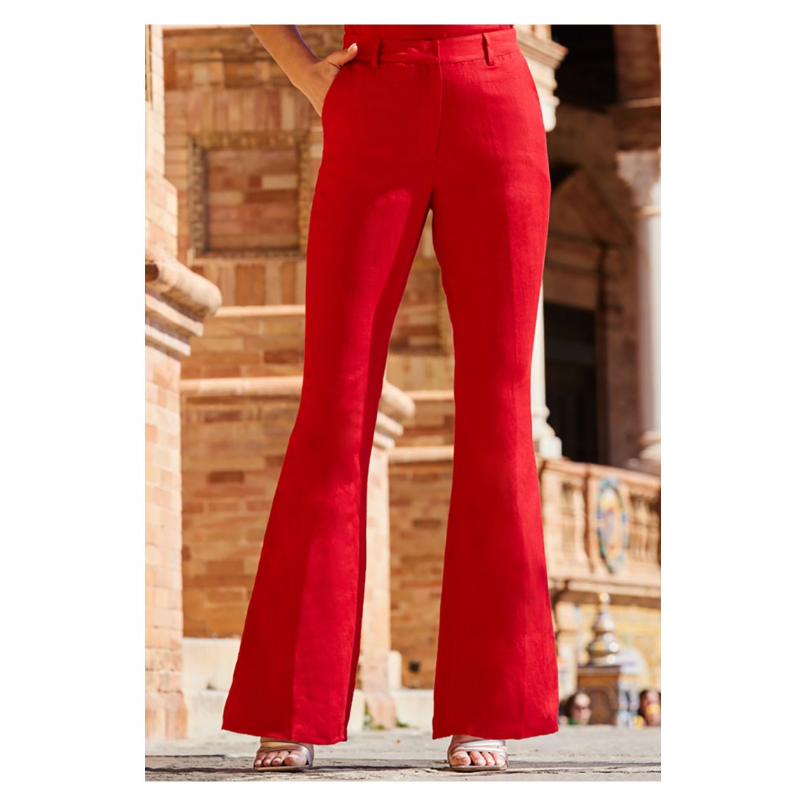 Red Linen Kick Flare Trousers With Pockets main product photo