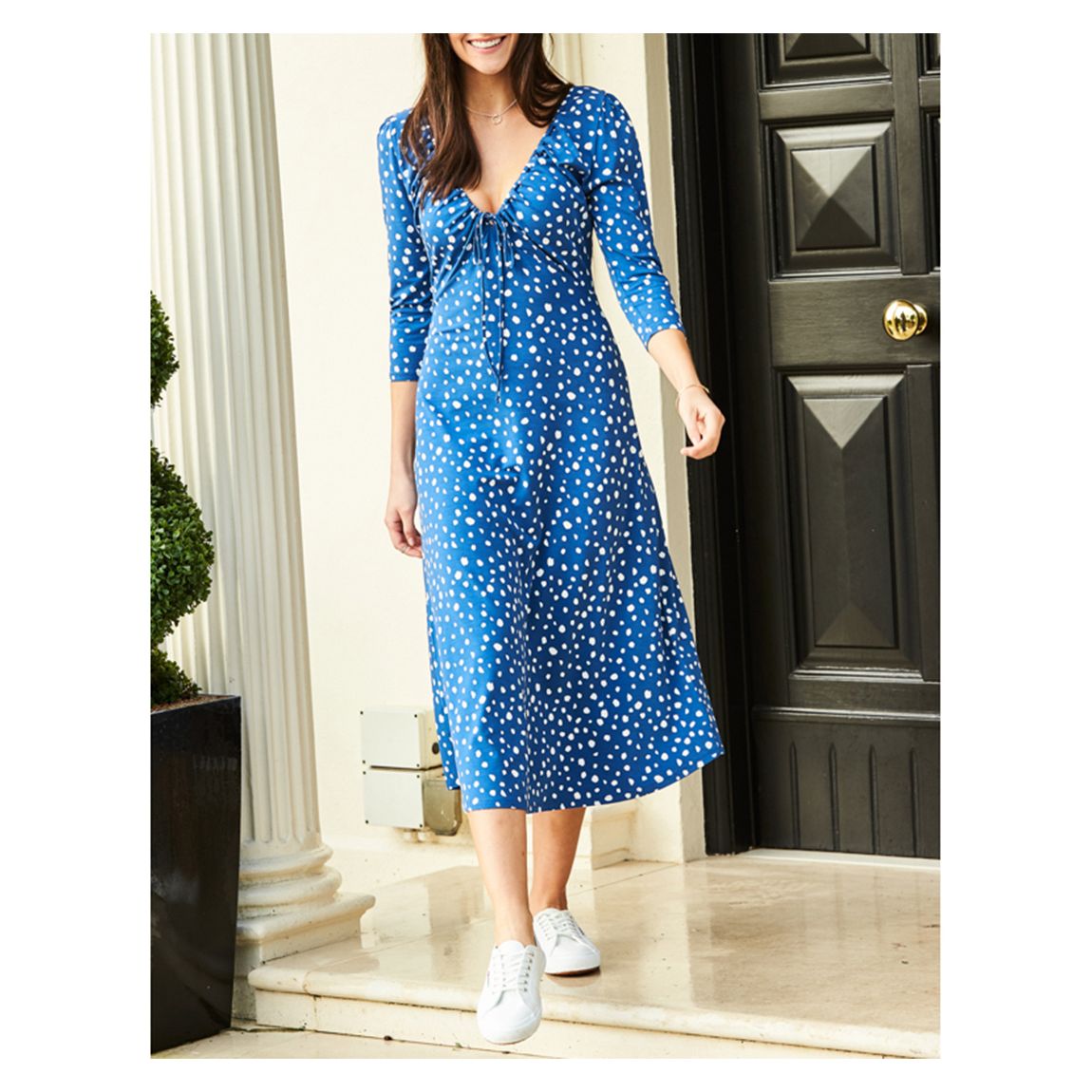 Blue & Ivory Fleck Print Ruched Detail Midi Jersey Dress main product photo