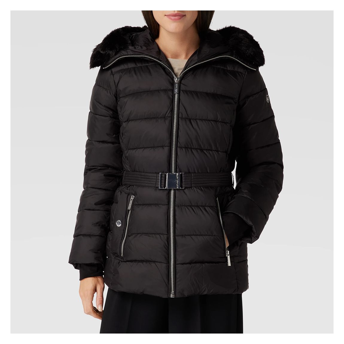 Black Quilted Belted Puffer Jacket main product photo
