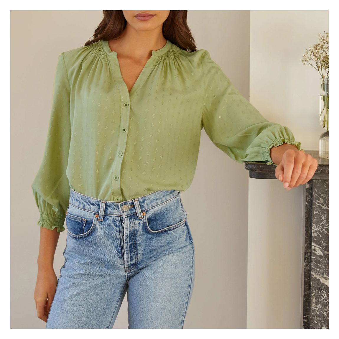 Green Jacquard Open Neck Blouse main product photo