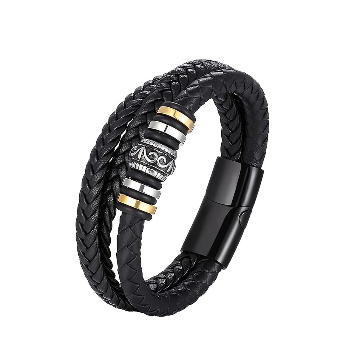 18K Two Tone Black Plated Black Leather Bracelet main product photo
