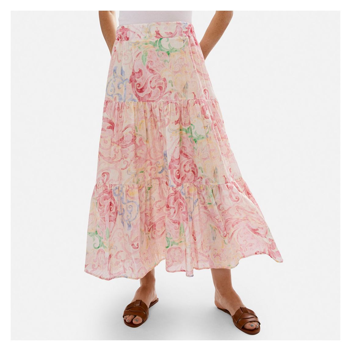 Pale Pink Floral Tiered Midi Skirt main product photo