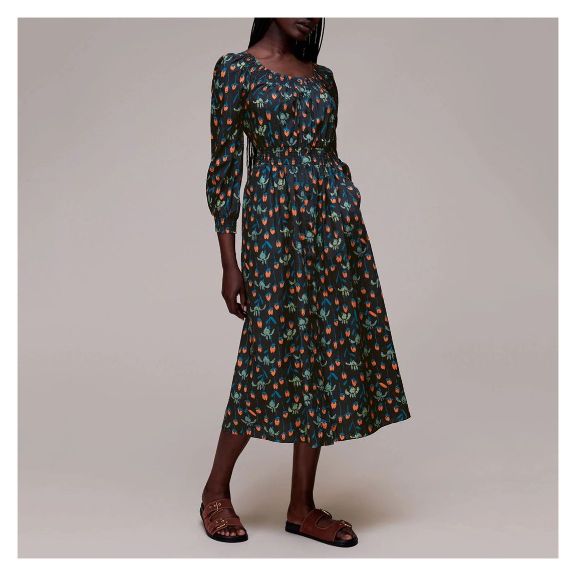 Black Floral Print Poplin Cotton Midi Dress main product photo