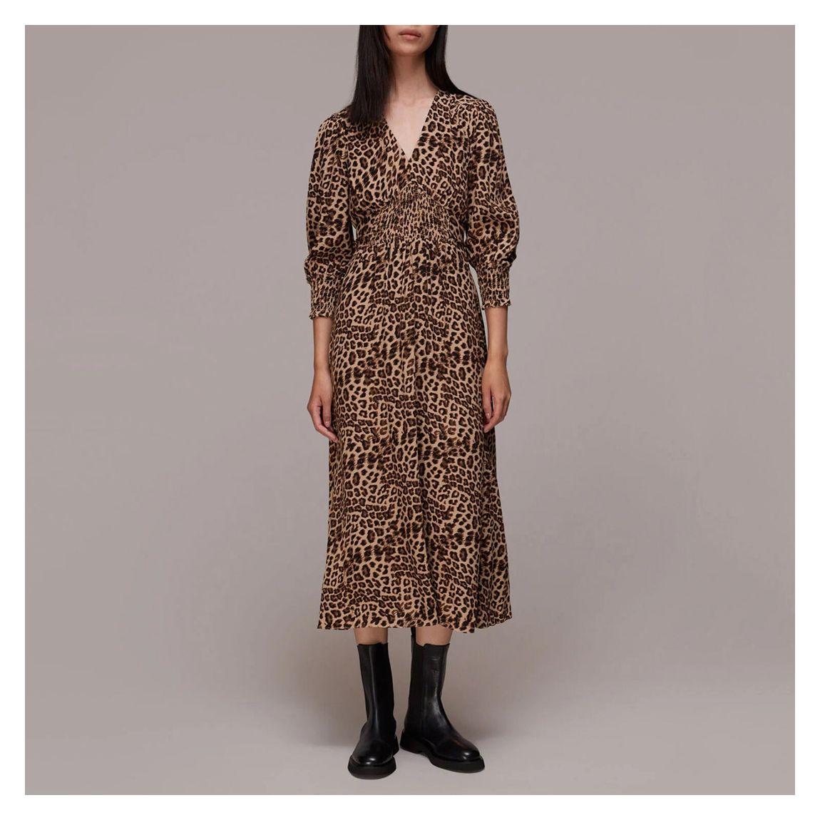 Brown Animal Print Shirred Midi Dress main product photo