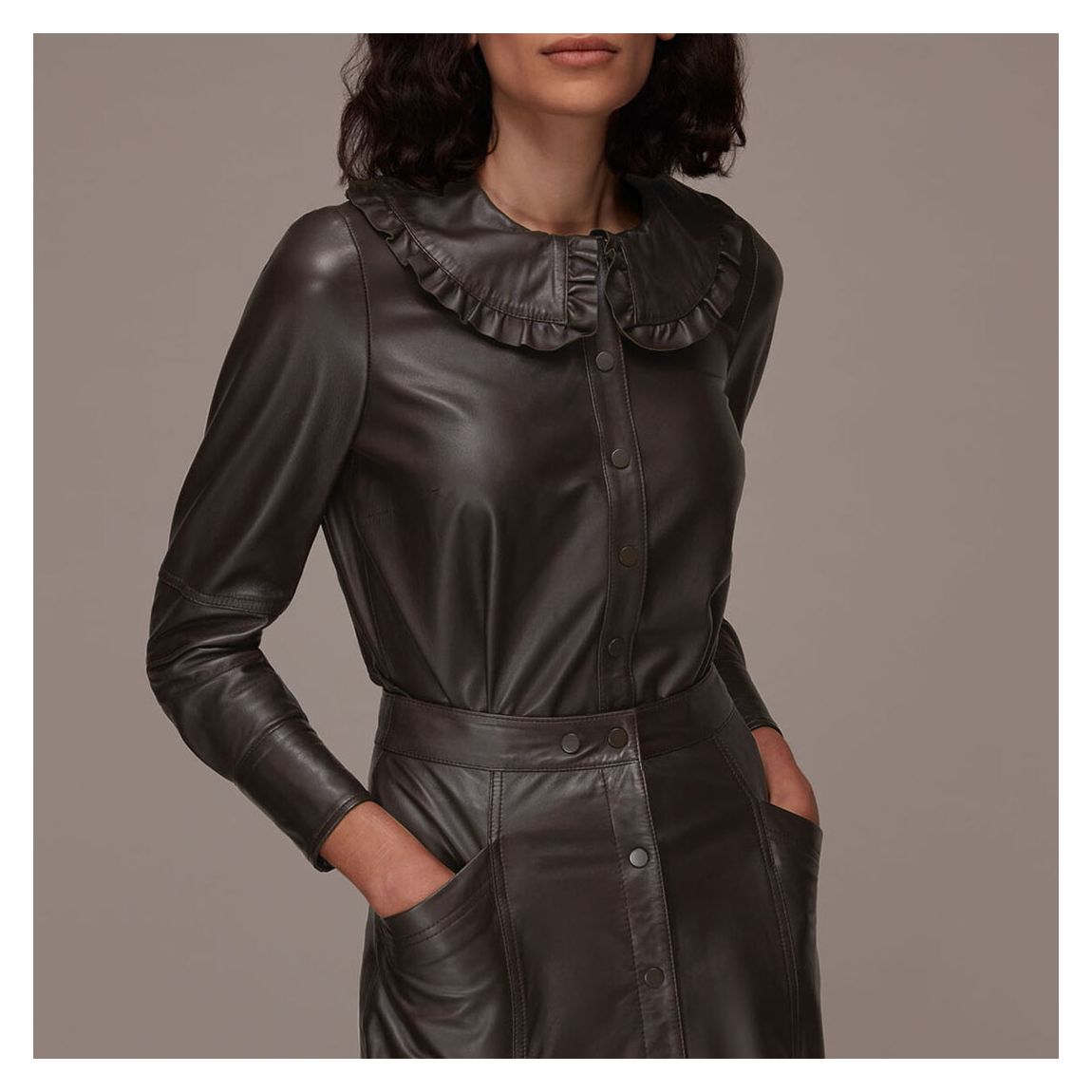 Chocolate Frill Collar Leather Shirt main product photo