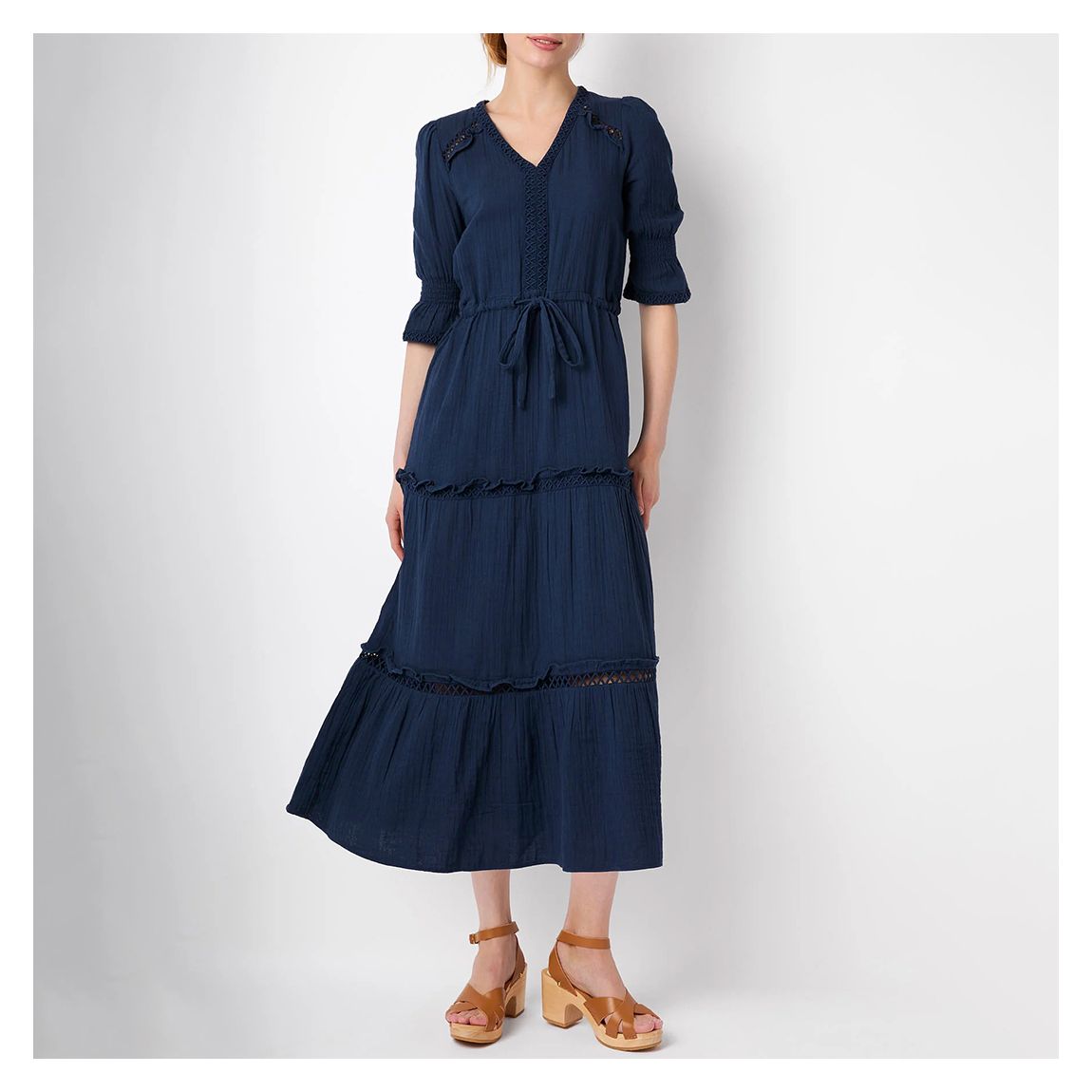 Navy Dalia Double Gauze Lace Trim Cotton Dress main product photo