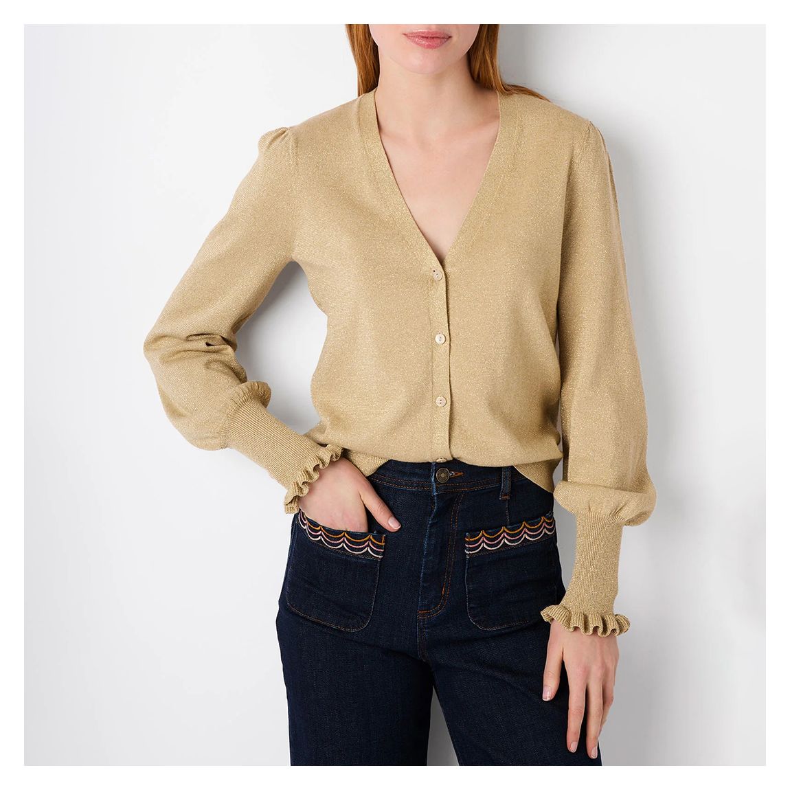 Beige Dafne Shimmer V Neck Cotton Blend Cardigan main product photo