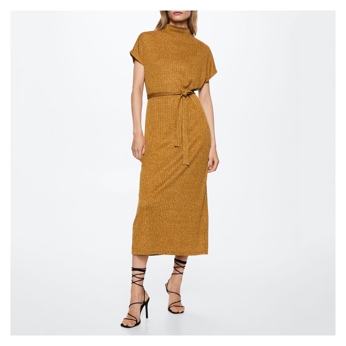 Ochre Ribbed Tie Waist Dress Midi Dress main product photo
