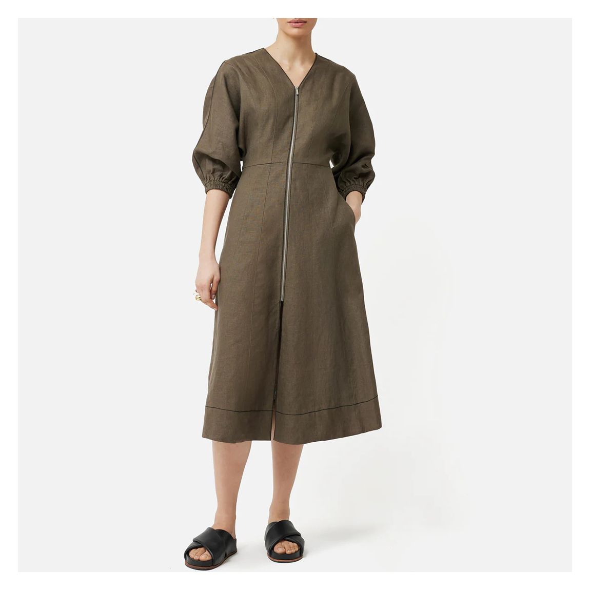 Khaki Linen Zip Midi Dress main product photo