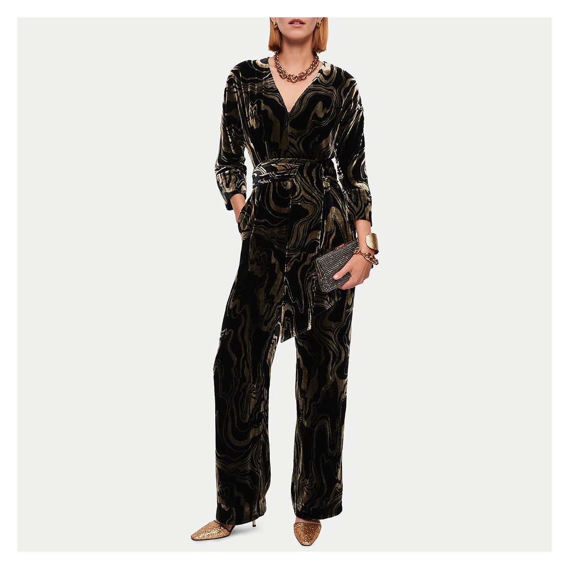 Black Swirl Velvet Silk Blend Jumpsuit main product photo