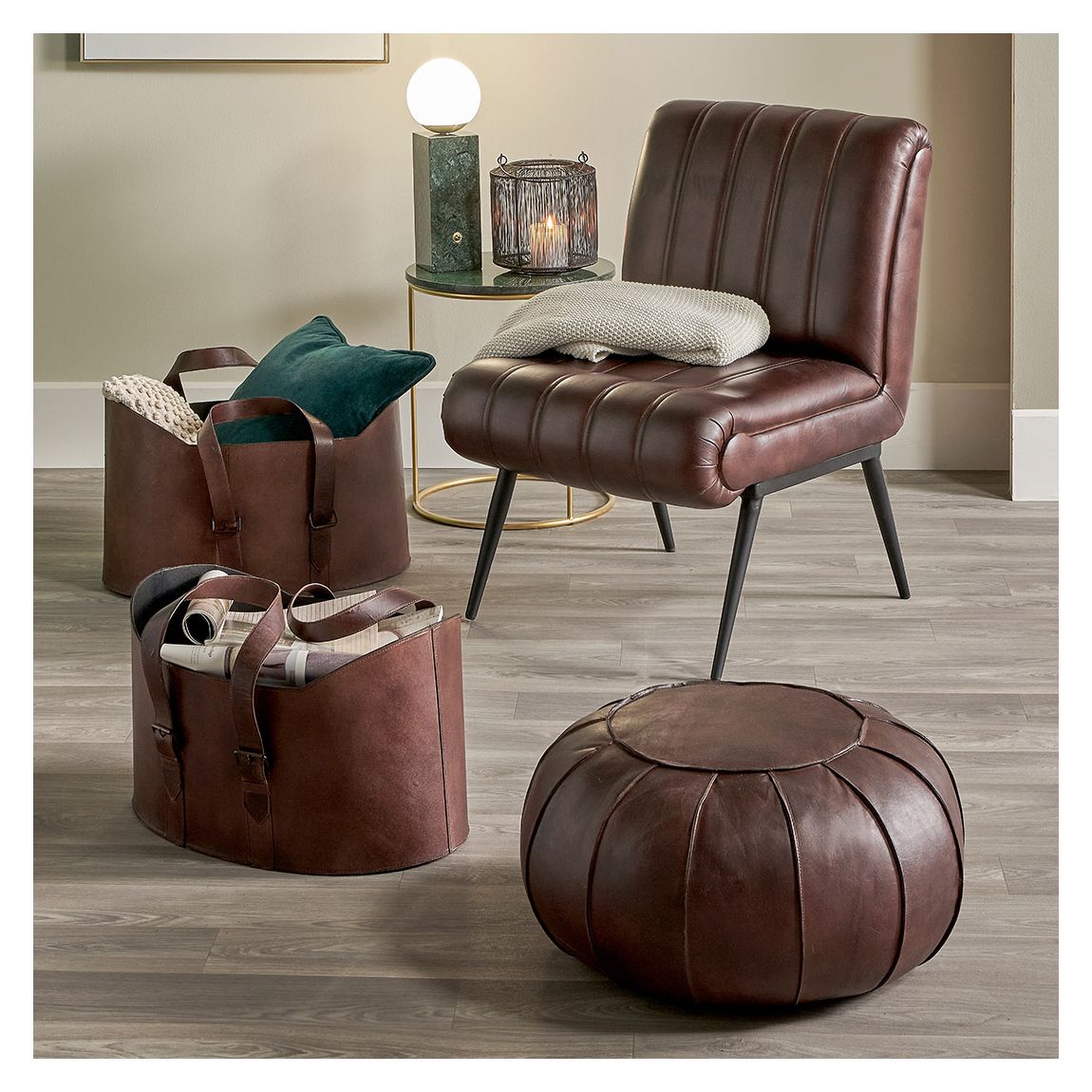 Giona Mahogany Leather Round Pouffe main product photo