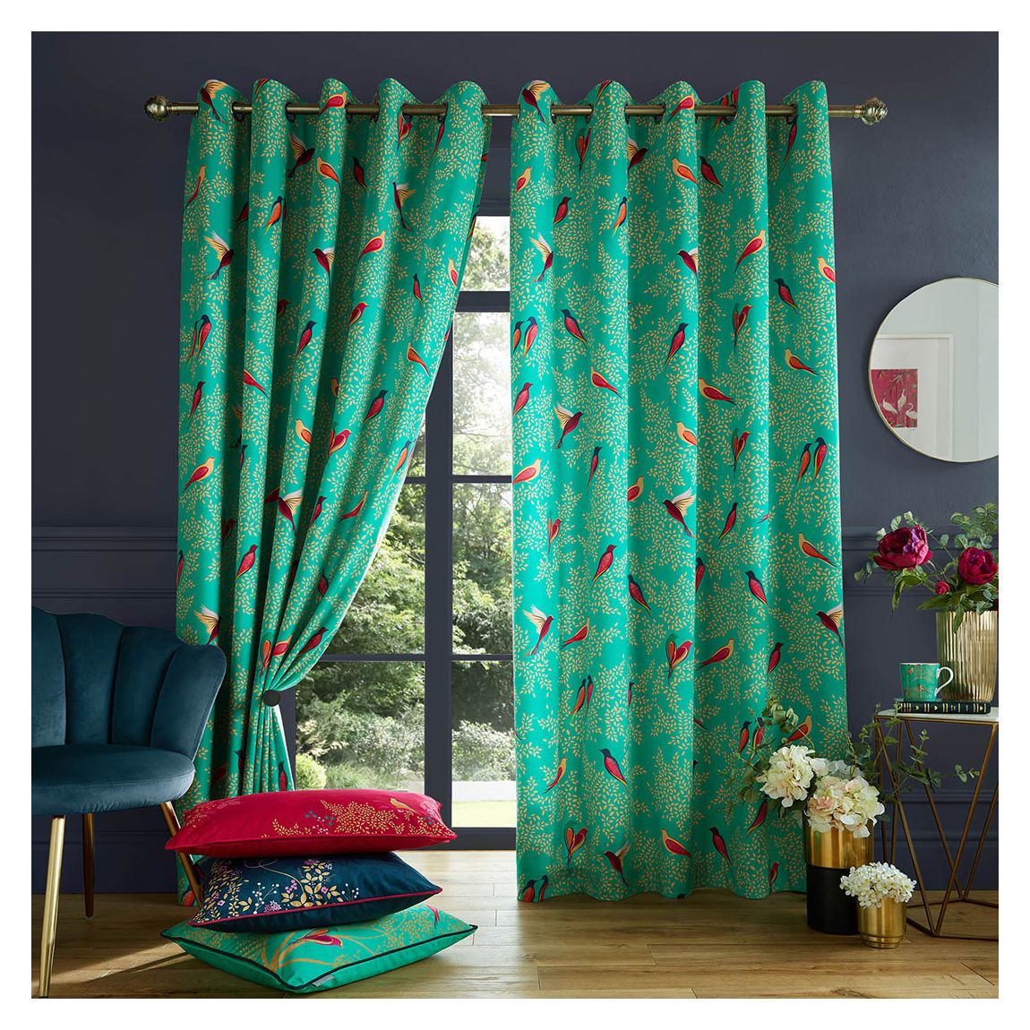 Green Birds 228x228cm Gold Eyelet Ready Made Curtains main product photo