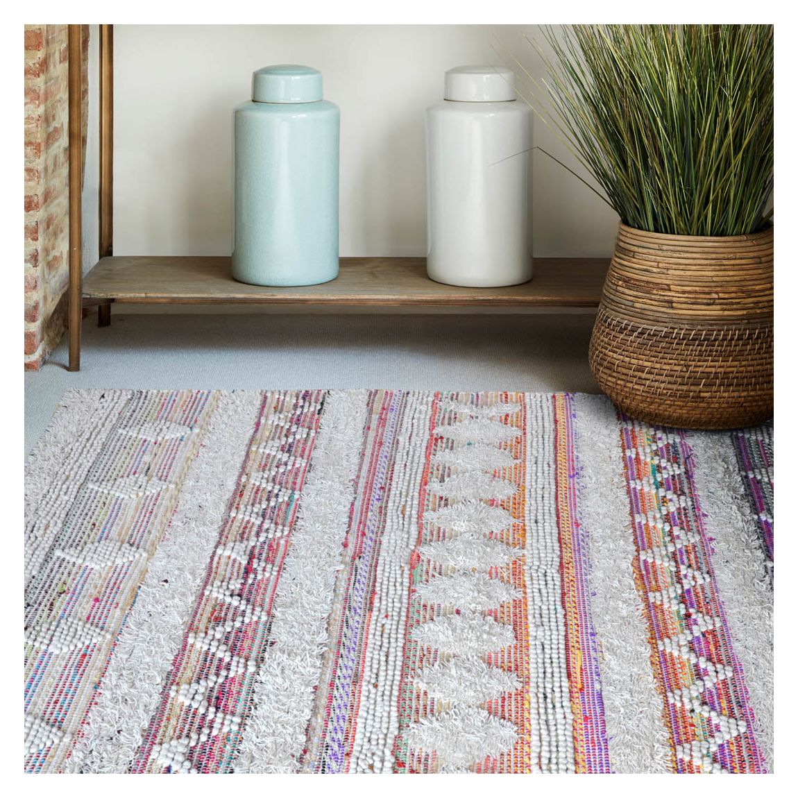 Keret Hand Woven Pit Loom 160x230cm Wool Rug, Ivory & Multi Colour Pattern main product photo