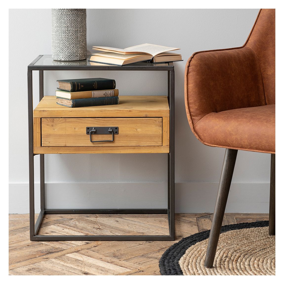Kempsey Fir Wood And Iron Bedside Cabinet main product photo