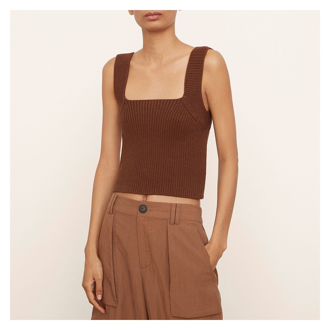 Brown Square Neck Cotton Blend Tank Top main product photo