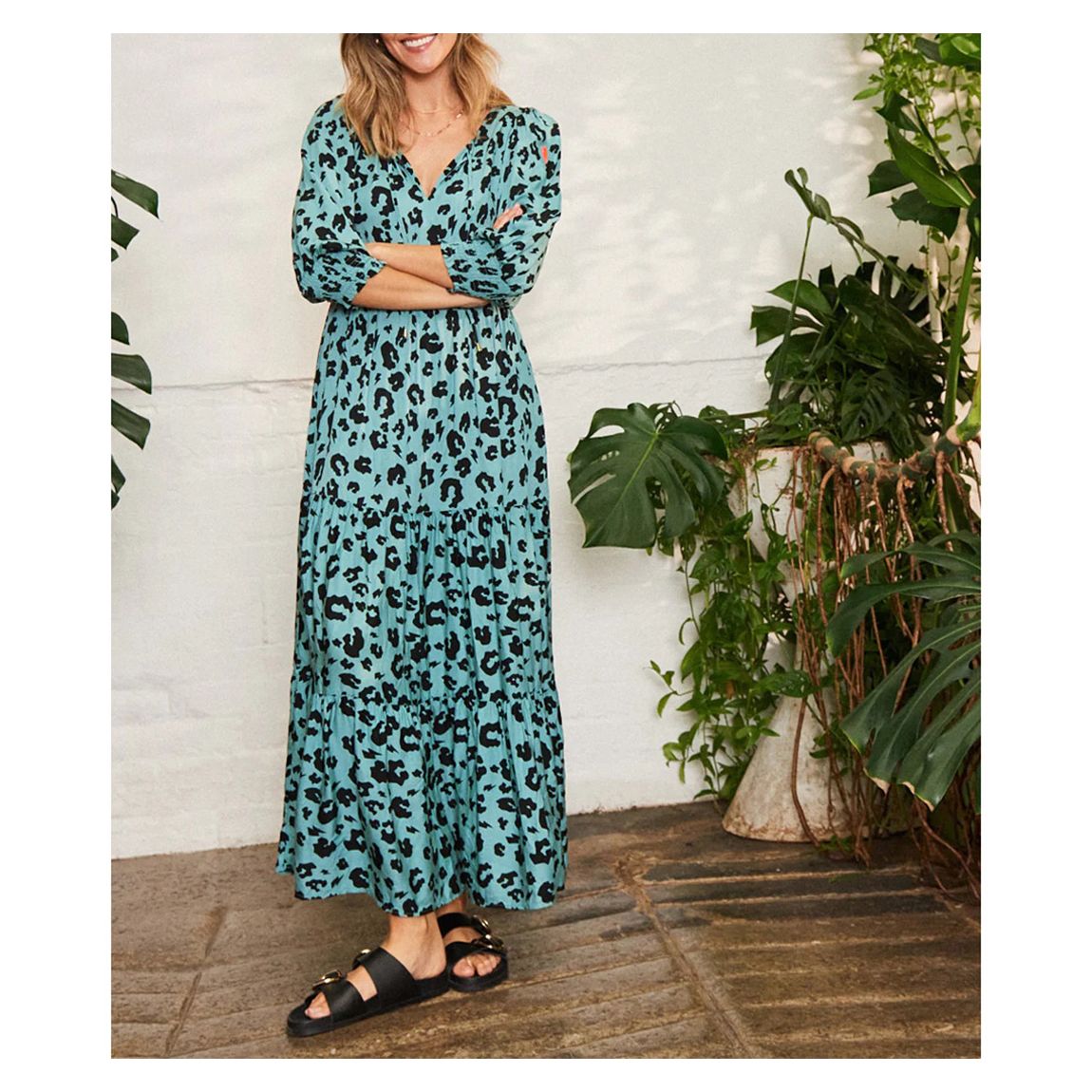 Green Leopard Print V-Neck Midi Dress main product photo