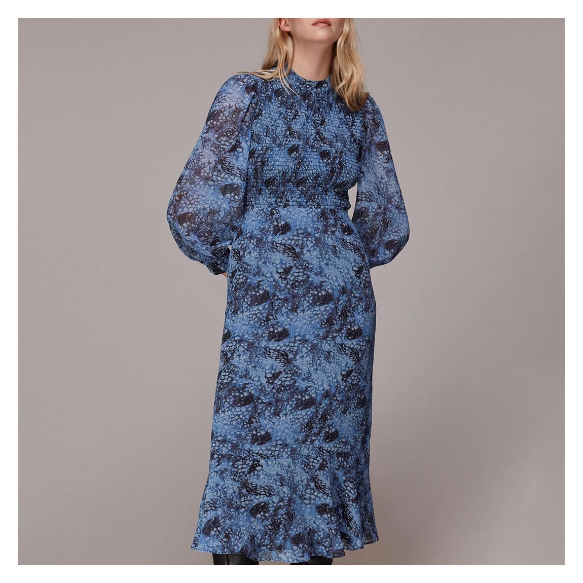 Blue Snow Flurry Shirred Midi Dress main product photo