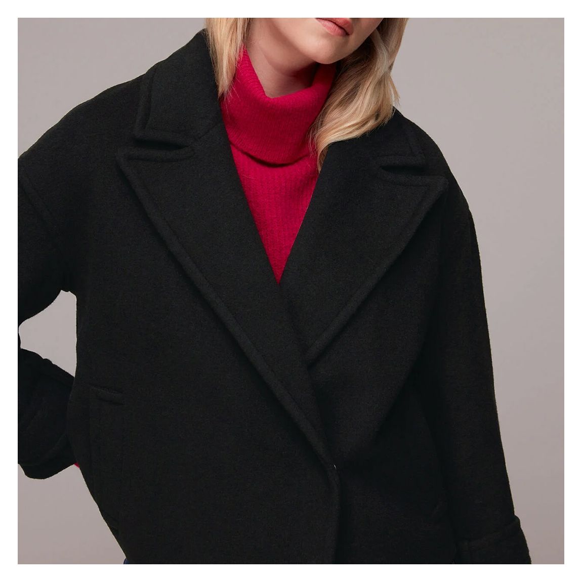 Black Relaxed Cropped Wool Blend Coat main product photo