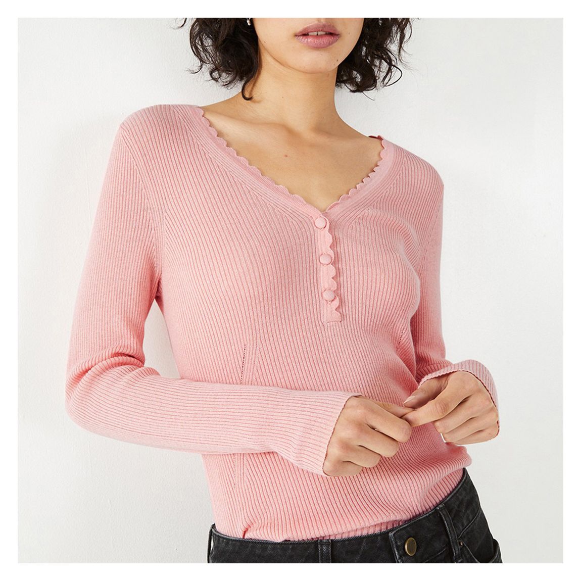 Pink Henley Wool Blend Ribbed Top main product photo