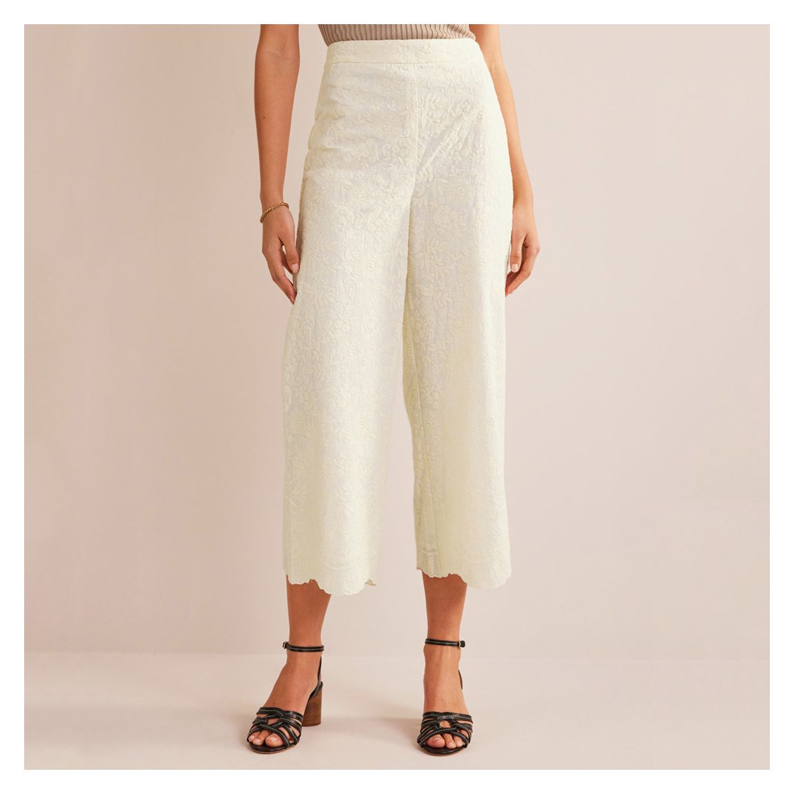 Ivory Embroidered Wide Leg Cotton Trousers main product photo