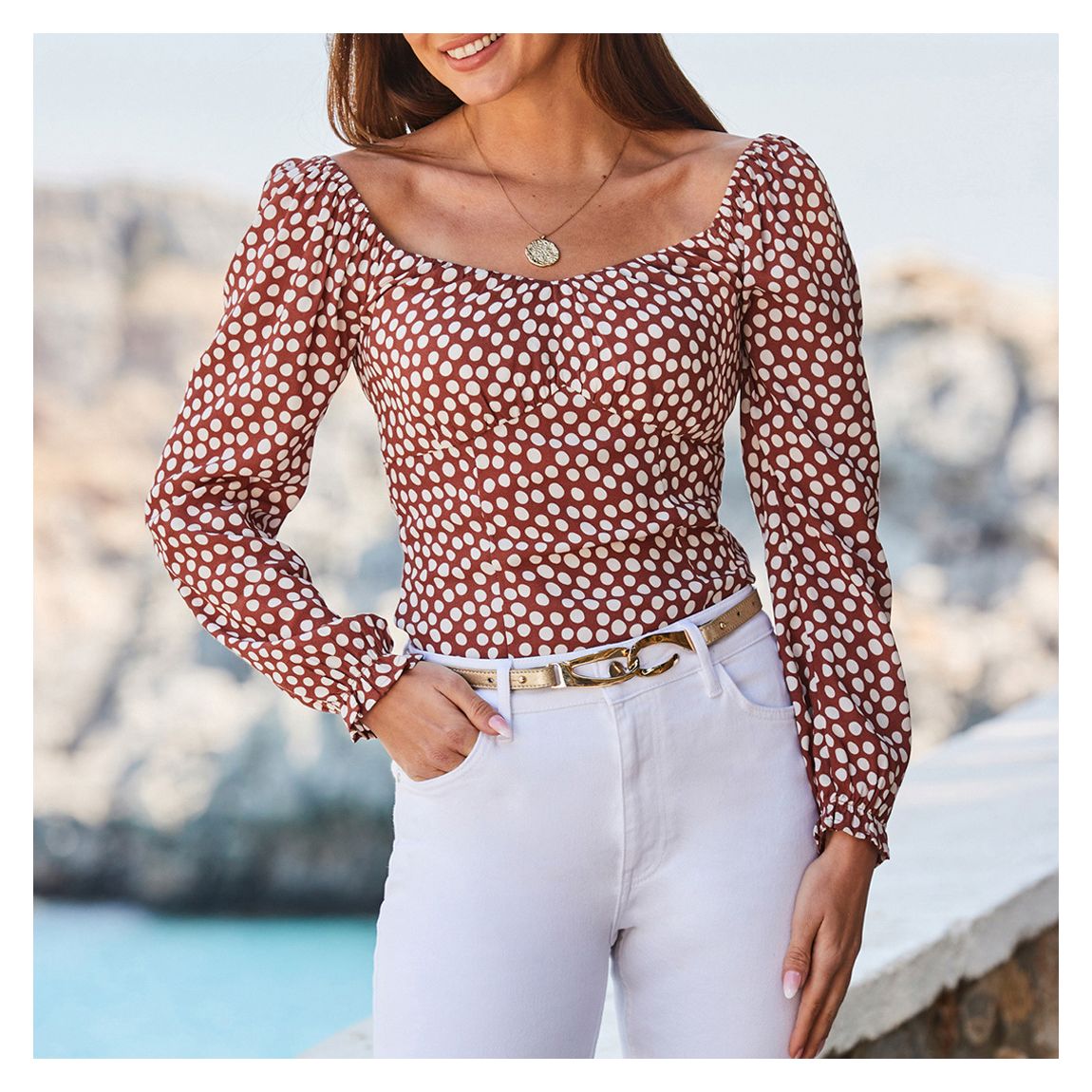 Brown & White Spot Print Sweetheart Neckline Ruched Top main product photo