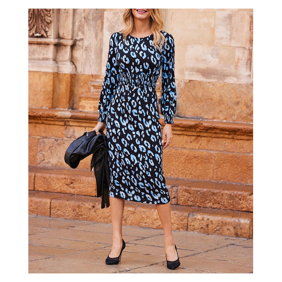 Black & Blue Animal Print Shirred Waist Jersey Dress main product photo