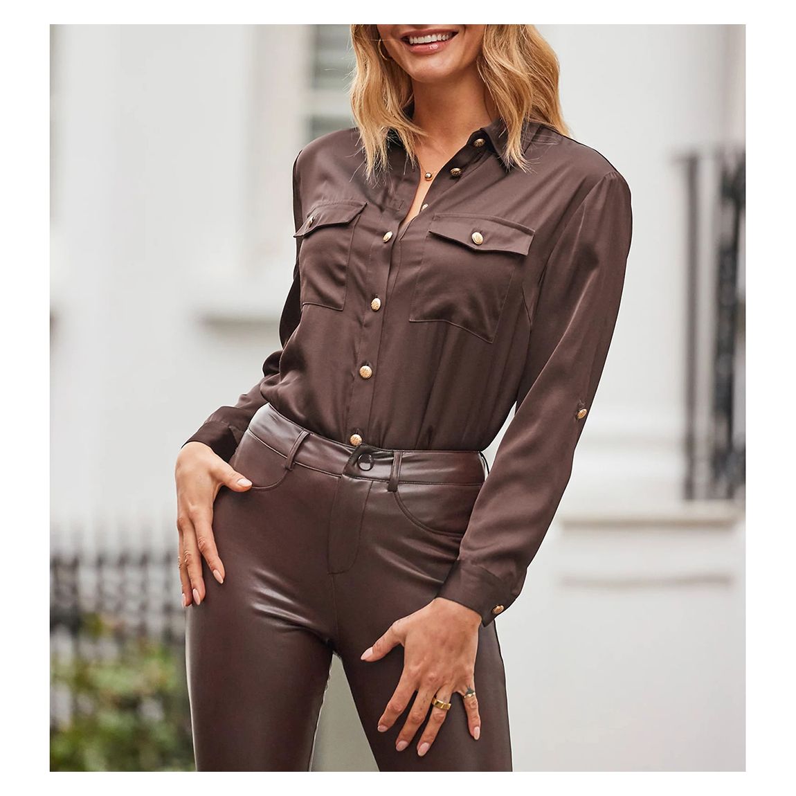 Chocolate Brown Satin Pocket Detail Utility Shirt main product photo