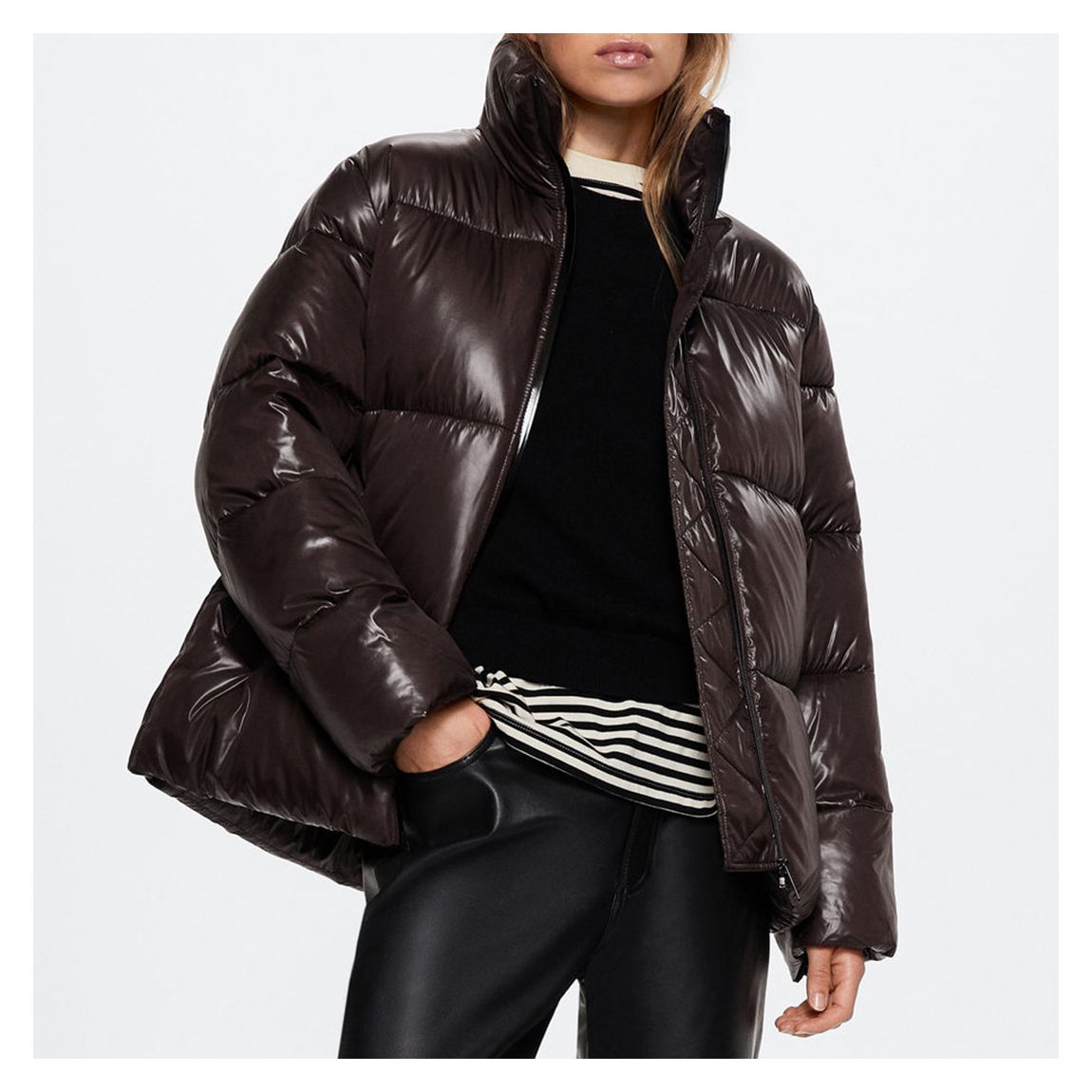 Brown Long Collar Quilted Coat main product photo