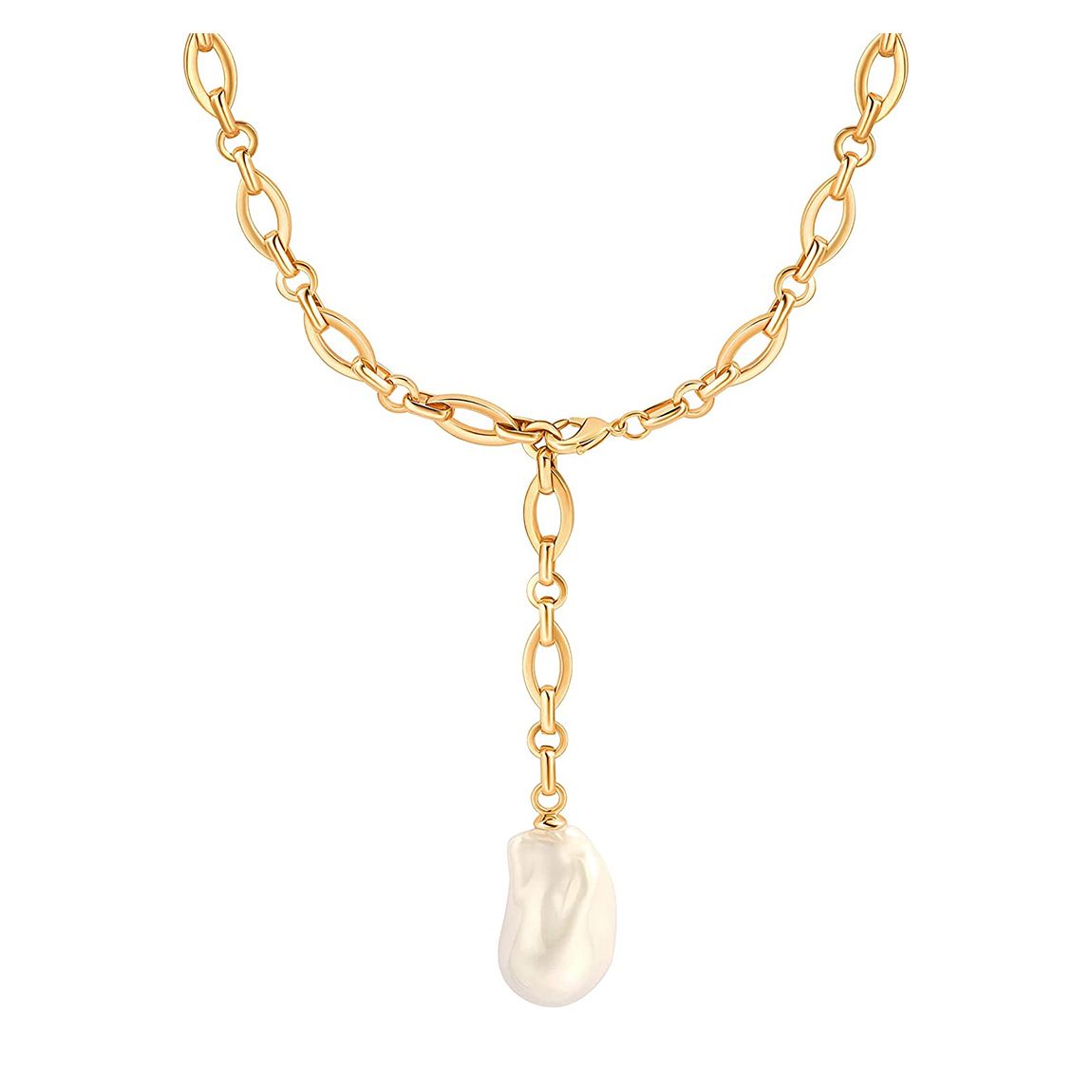 18K Gold Fancy Link Baroque Pearl Lariat Necklace main product photo
