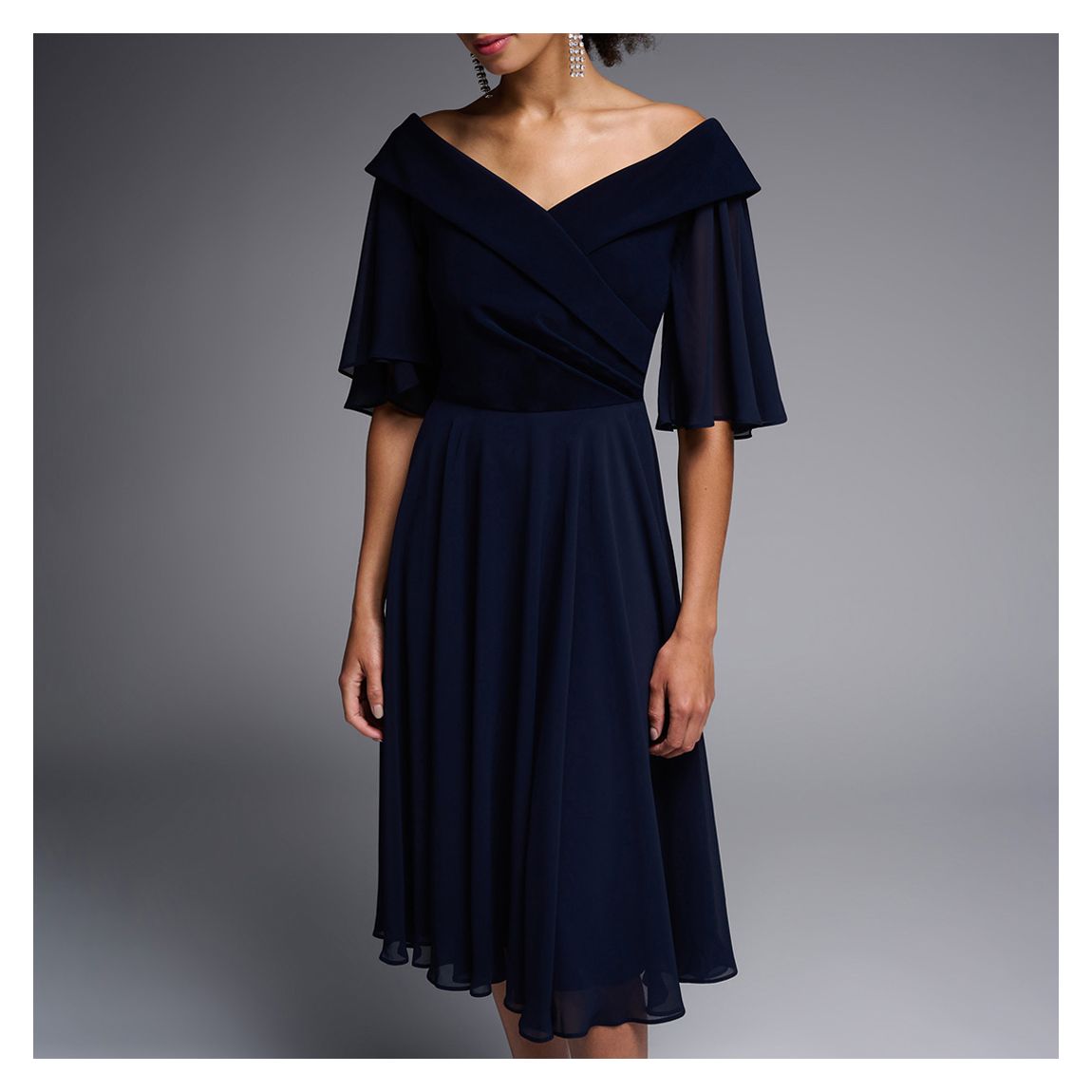 Navy Off Shoulder Frill Midi Dress main product photo