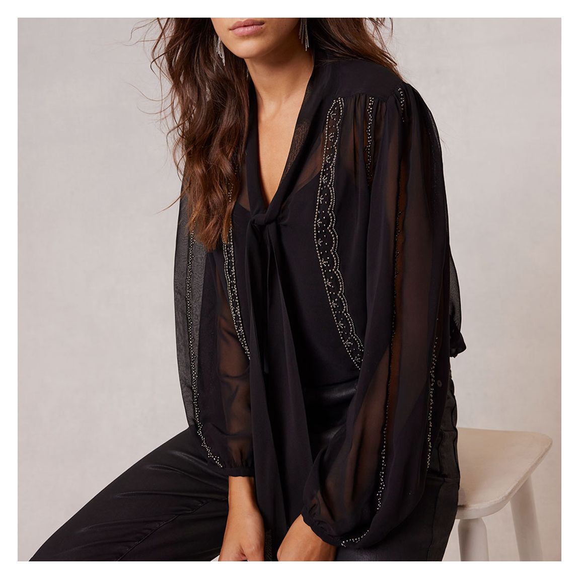 Black Beaded Tie Neck Blouse main product photo