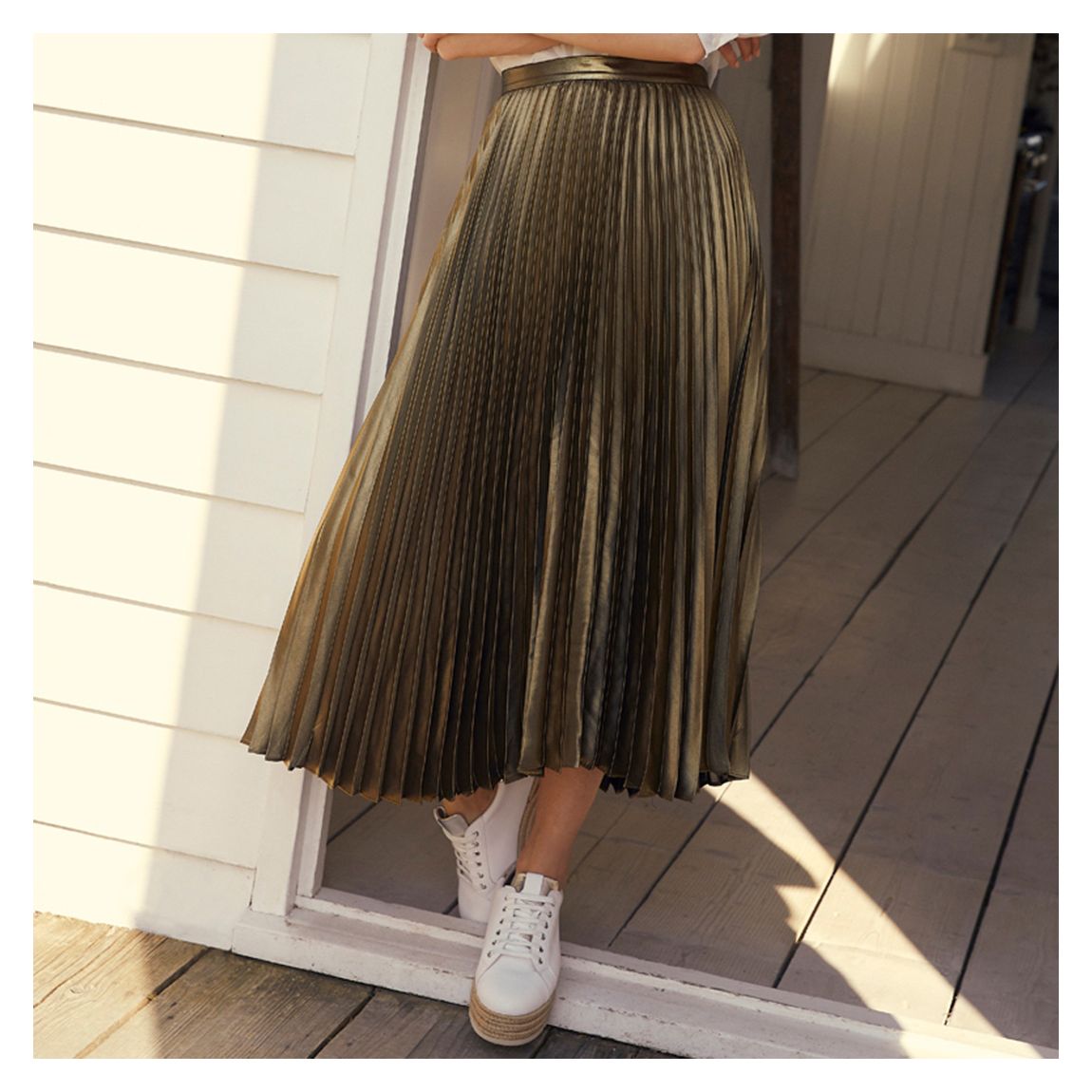 Gold Satin Pleated Midi Skirt main product photo