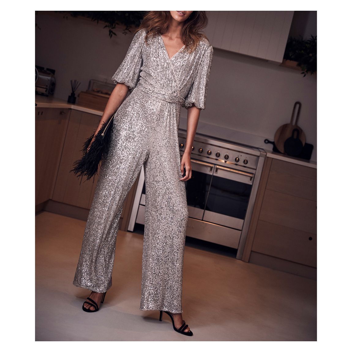 Silver Sequin V Neck Jumpsuit main product photo