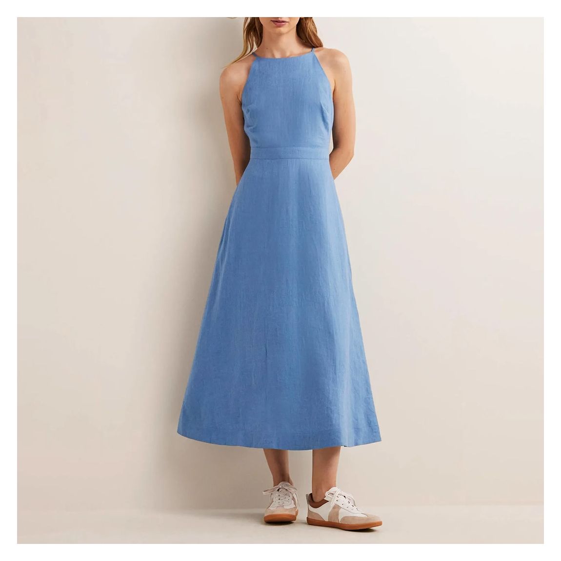 Halterneck Linen Midi Dress-Riviera Blue main product photo