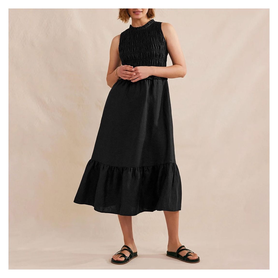 Black Smocked Linen Midi Dress main product photo