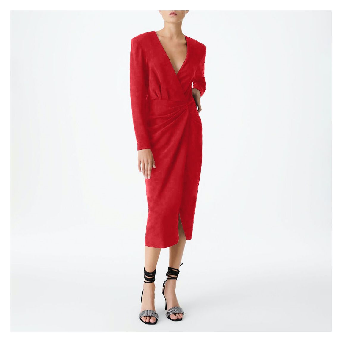 Red V-Neck Wrap Midi Dress main product photo