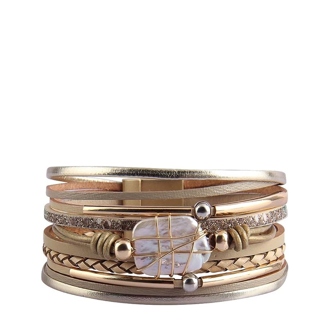 18K Gold Champagne Leather & Pearl Bracelet main product photo