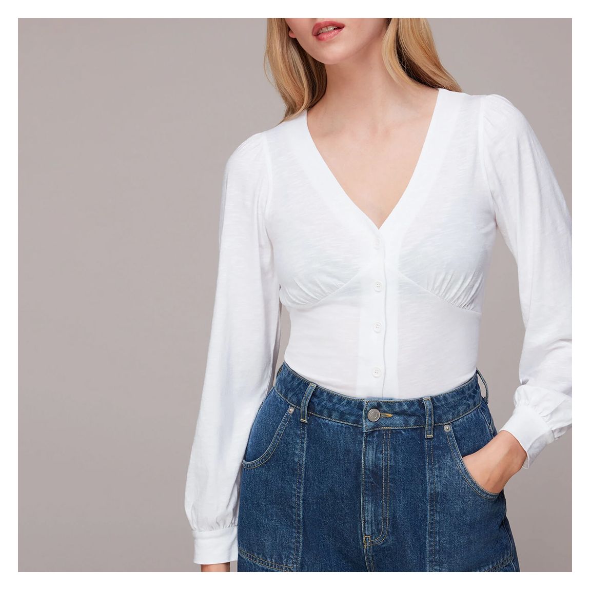 White Amber V Neck Button Top main product photo