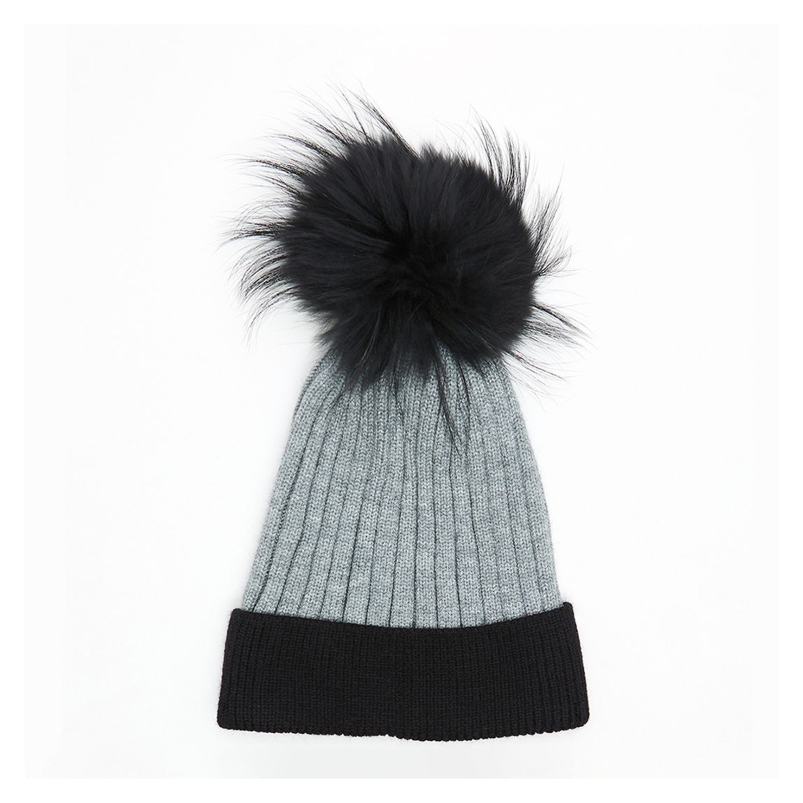 Faux Fur Pom Pom Two Tone Hat Grey/Black main product photo