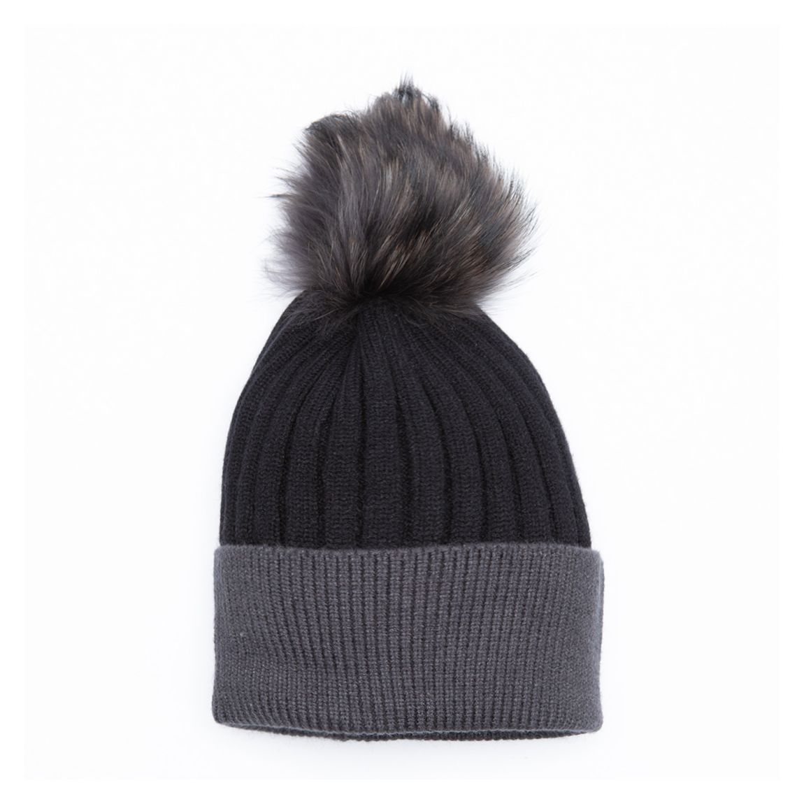 Faux Fur Pom Pom Two Tone Hat Black/Charcoal main product photo