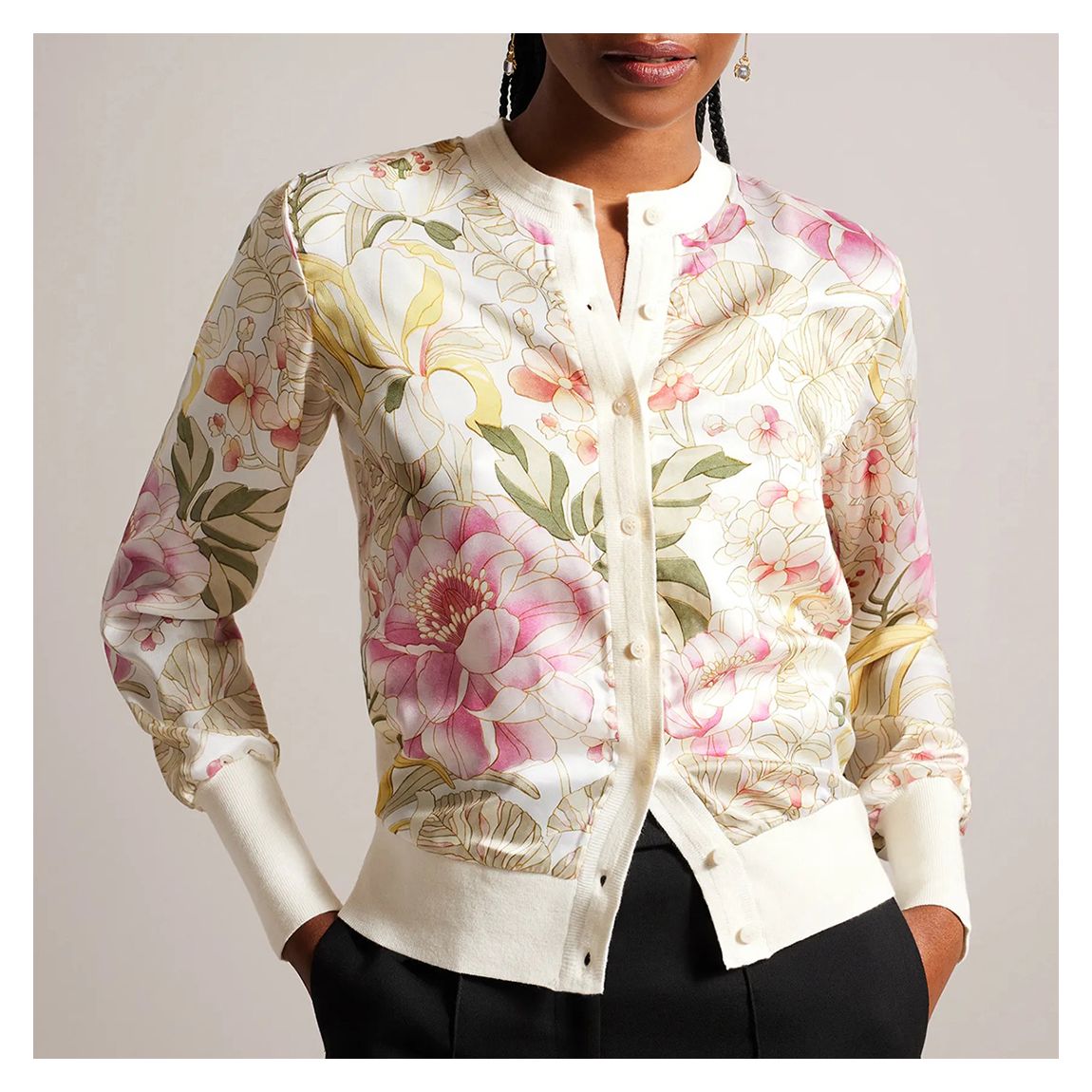 Cream Irreen Woven Front Printed Cardigan main product photo