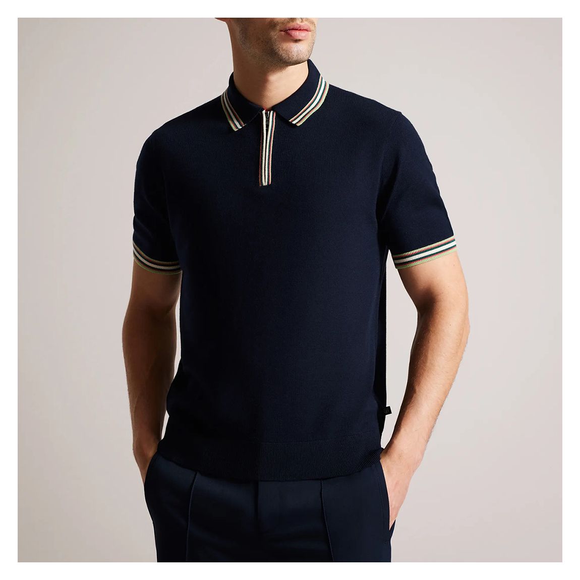 Navy Pierrot Stripe Detail Wool Polo Shirt main product photo