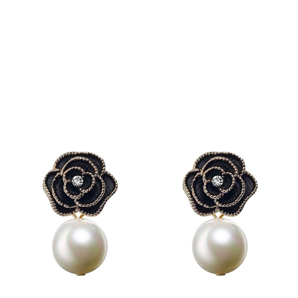 18K Gold Black Enamel Rose & Pearl Drop Earrings main product photo