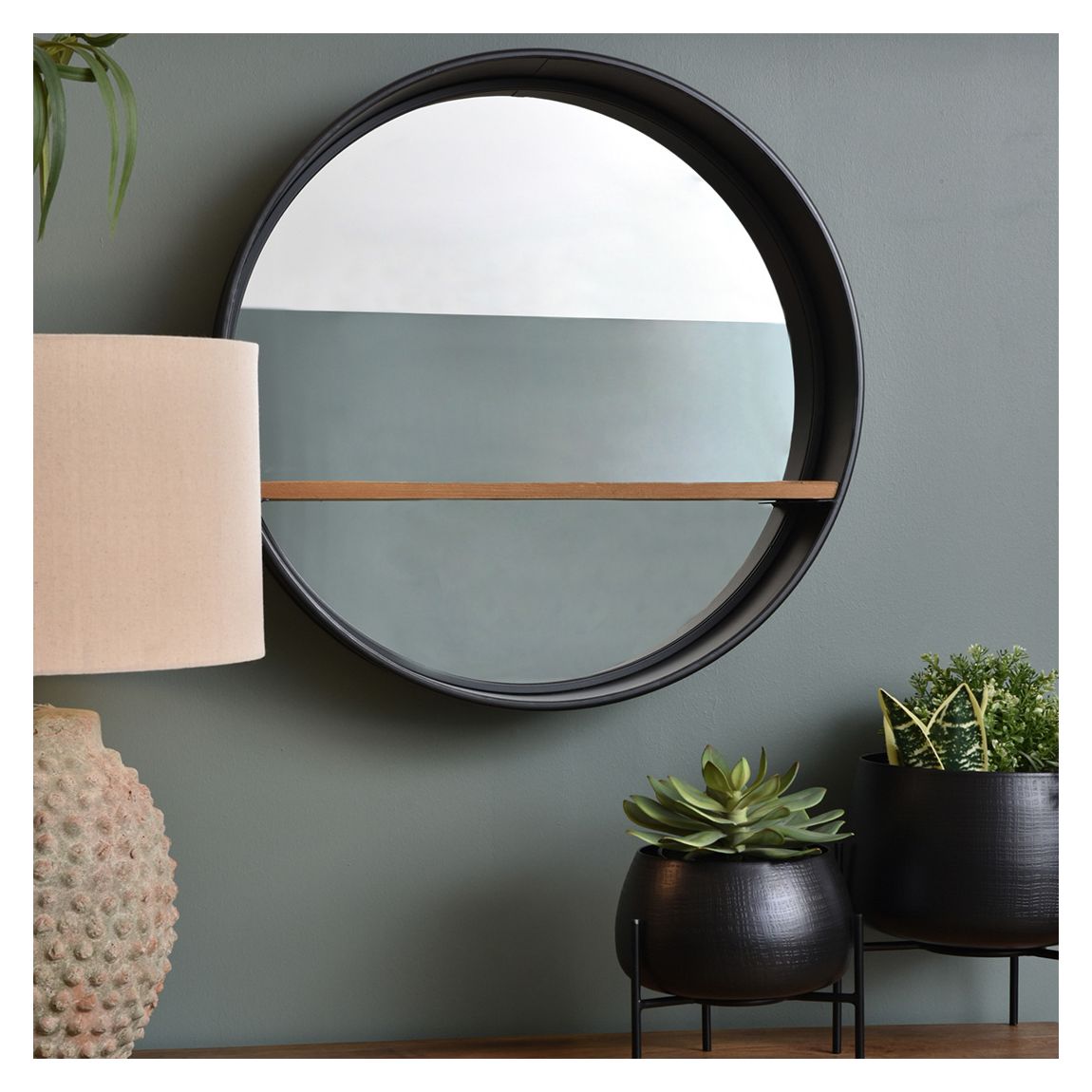 Kempsey Round Mirror with Wooden Shelf main product photo