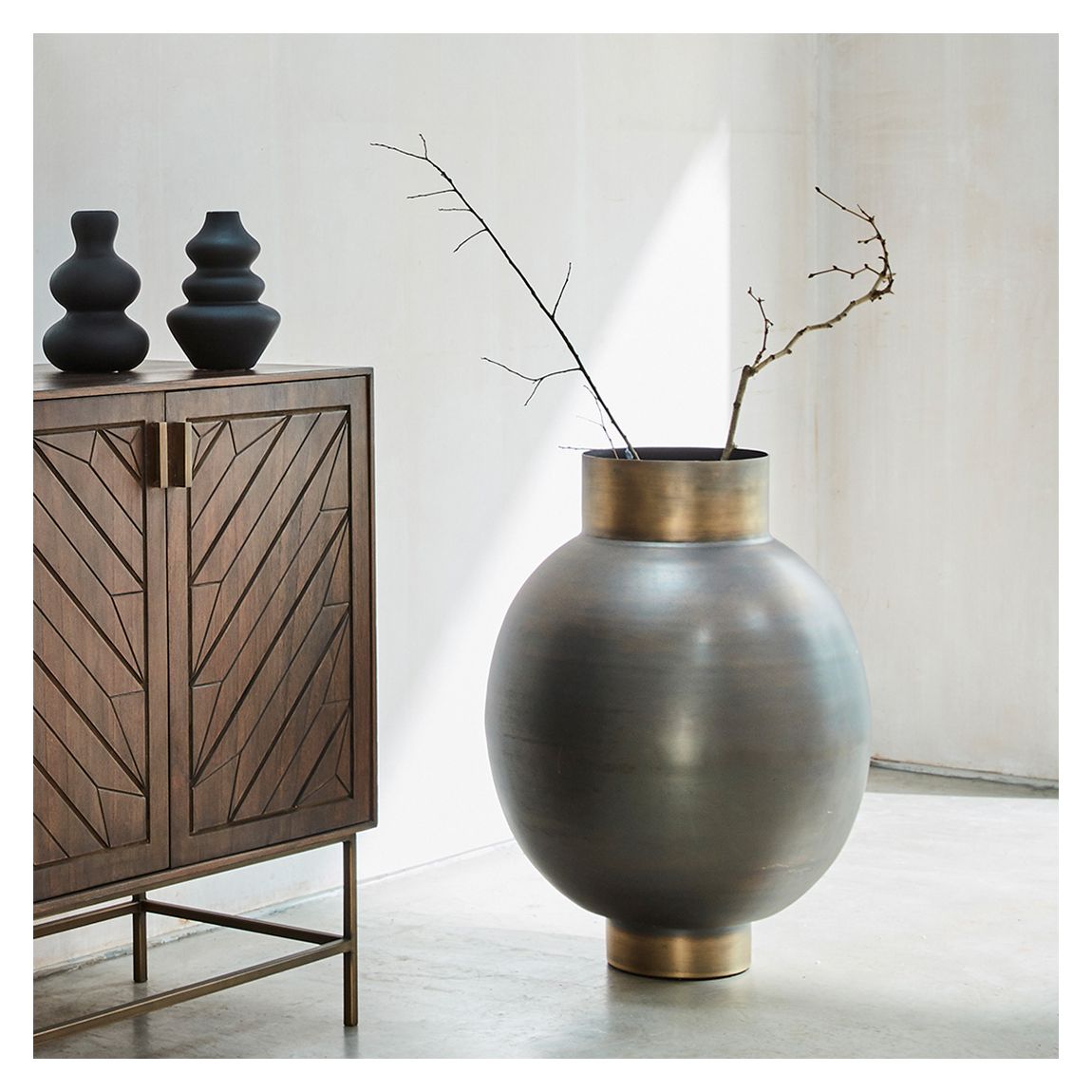 Arizona Bulbous Burnished Metal Planter with Antique Brass Rim and Base main product photo