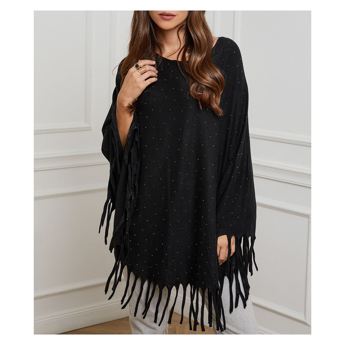 Black Cashmere Blend Tassel Poncho main product photo