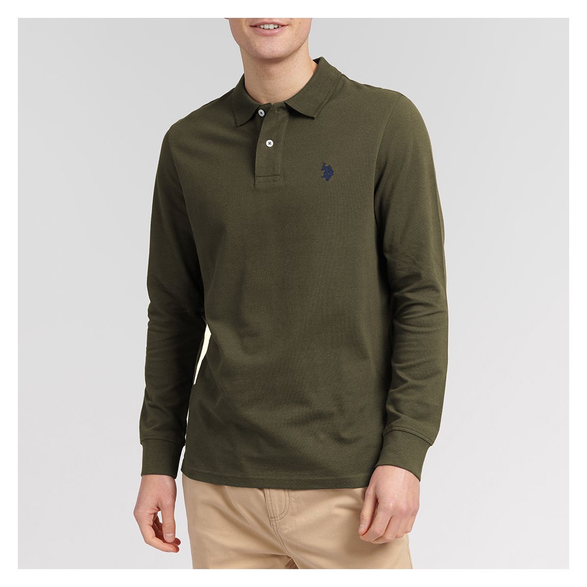 Khaki Long Sleeve Pique Cotton Polo Shirt main product photo