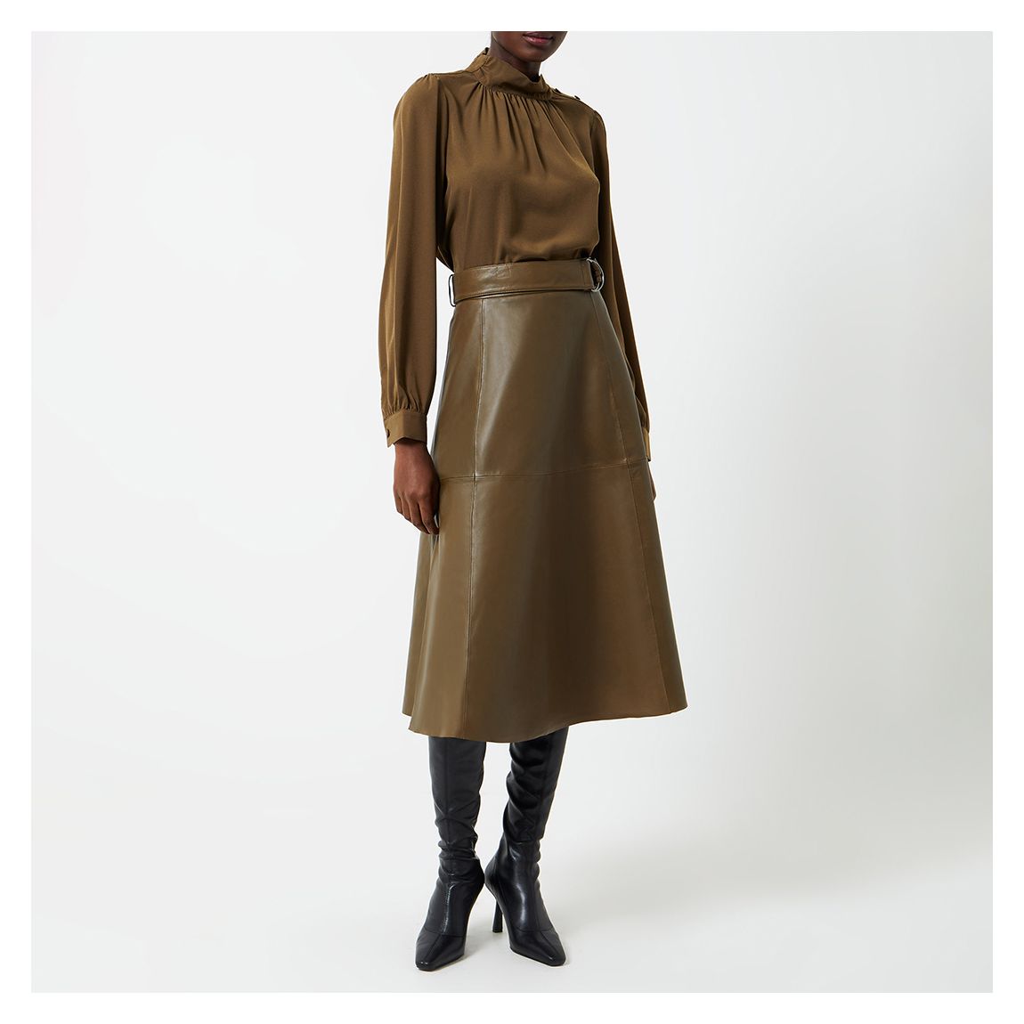 Khaki Arlan Leather Midi Skirt main product photo